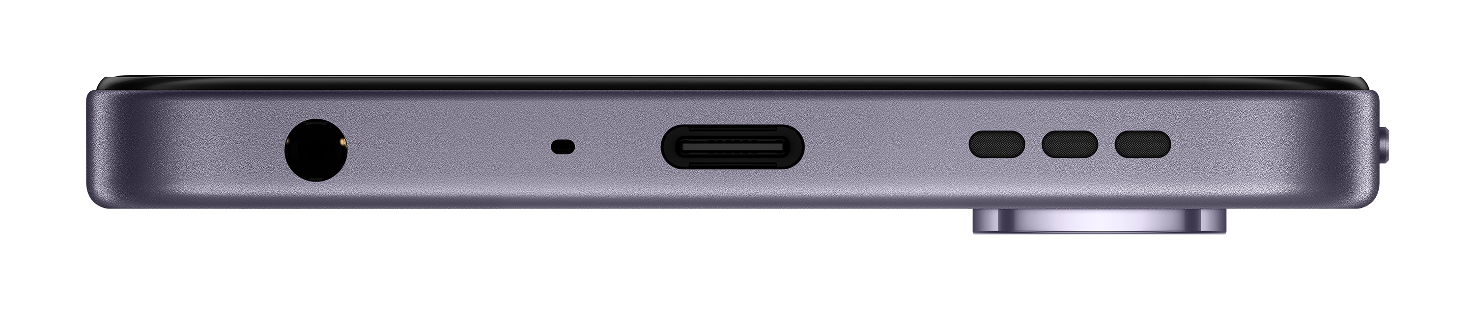 Widok z boku urządzenia z gniazdem słuchawkowym, portem USB-C i trzema małymi otworami. Ma metalowe wykończenie.