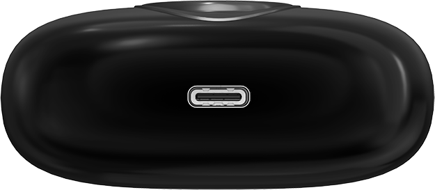 Fekete, ovális töltőtok USB-C porttal elöl. A tok fényes, tükrözi a fényt.