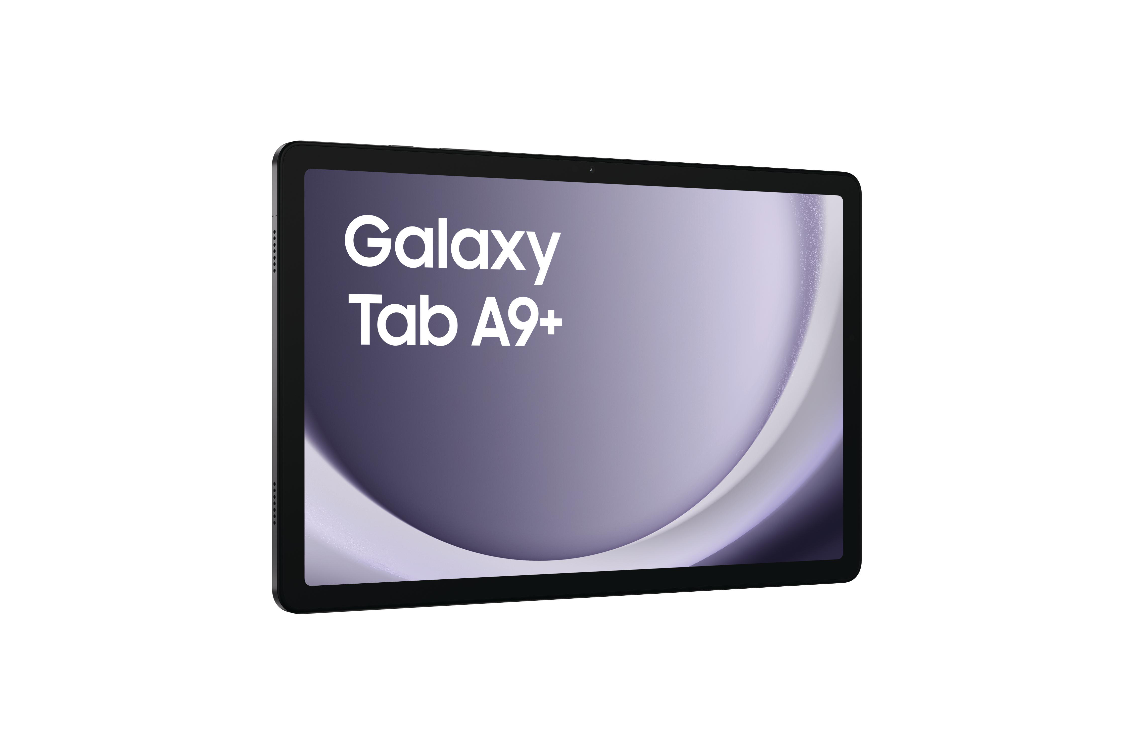 Ein schwarzes Tablet zeigt 'Galaxy Tab A9+' auf einem lila Farbverlauf. Das Tablet steht vor weißem Hintergrund.