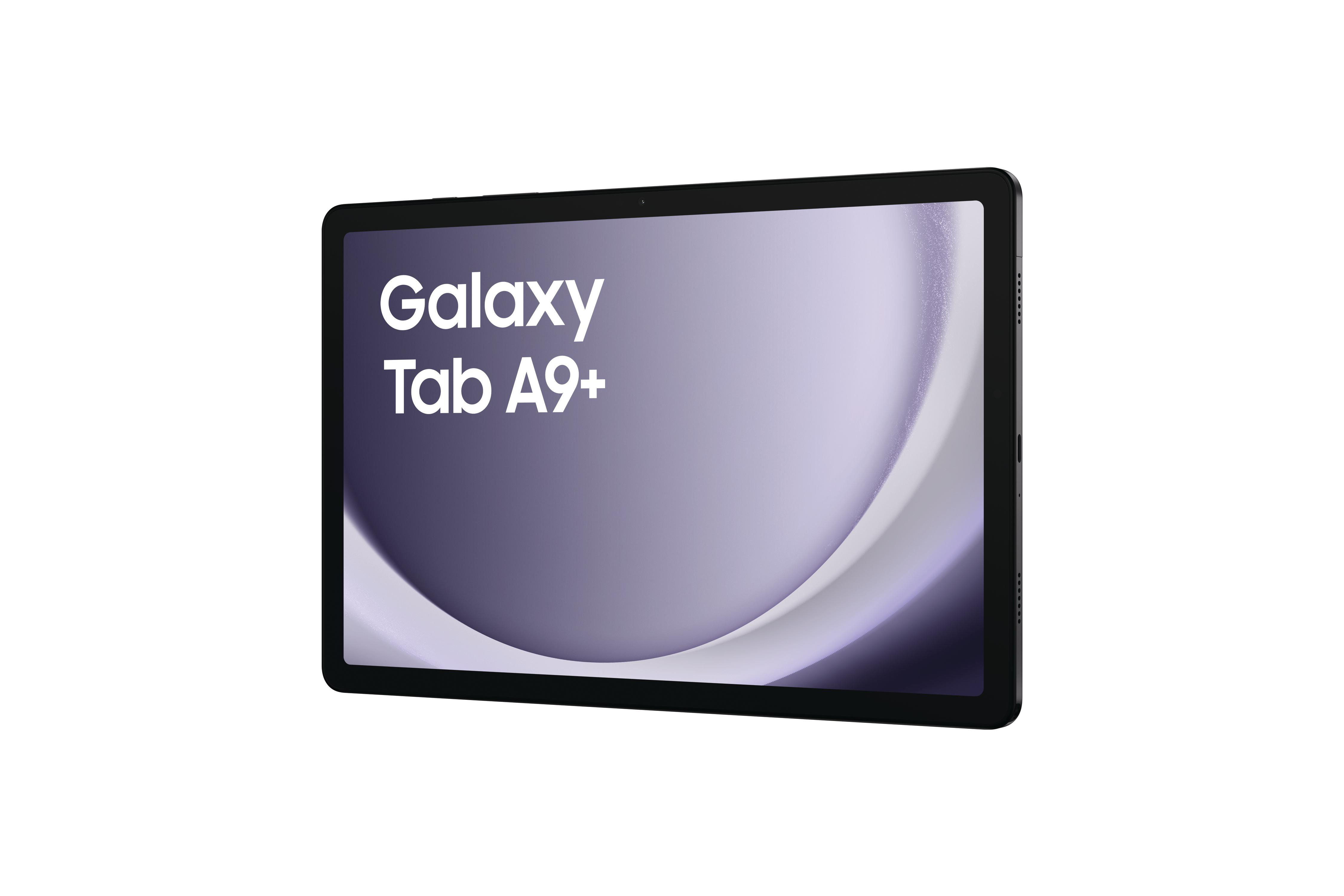 Ein Tablet mit schwarzem Rahmen zeigt einen lila Farbverlauf mit dem Text "Galaxy Tab A9+" in Weiß.