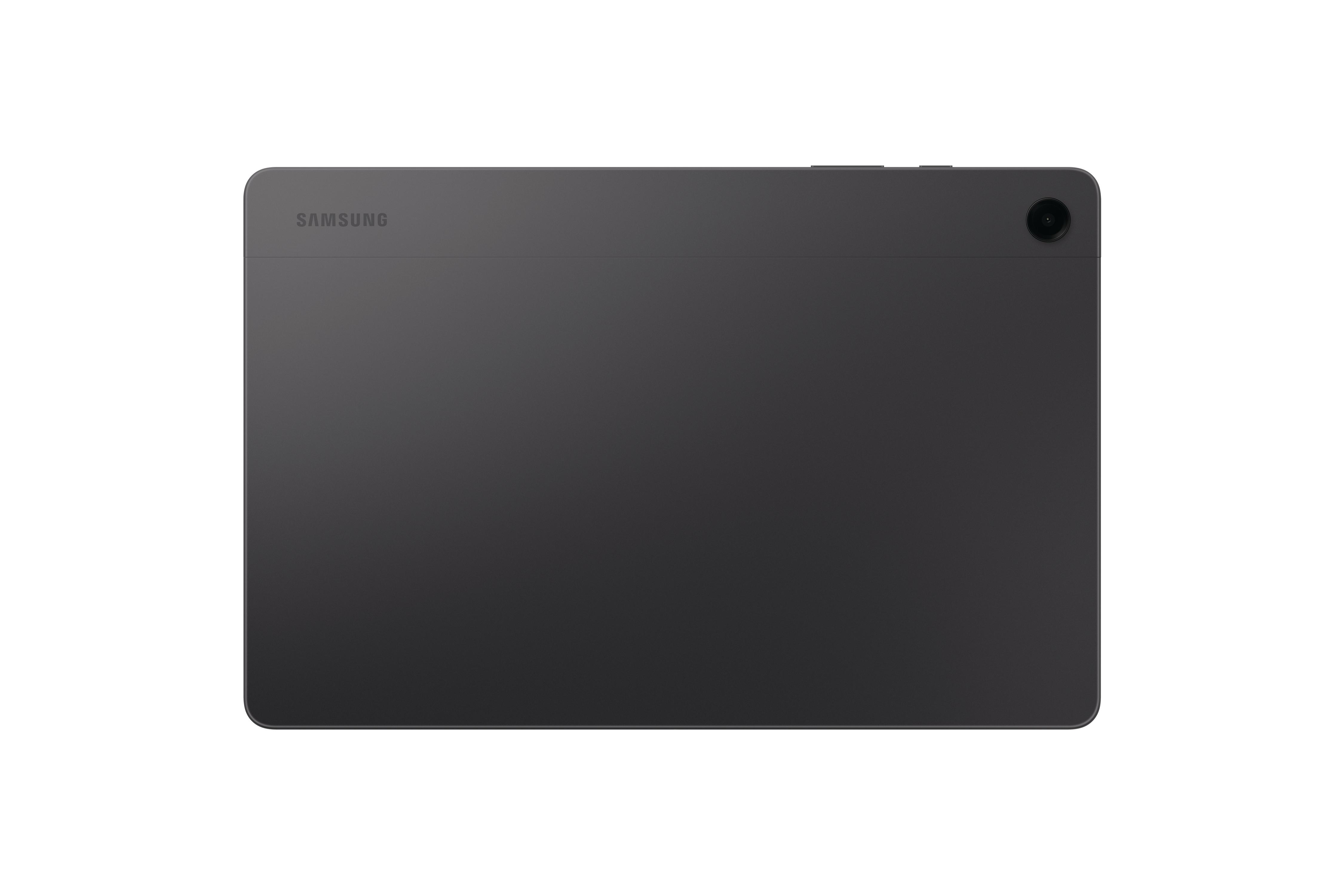 Dunkelgraues Tablet auf weißem Hintergrund. Das Samsung-Logo befindet sich oben. Ein Kameraobjektiv befindet sich oben rechts.