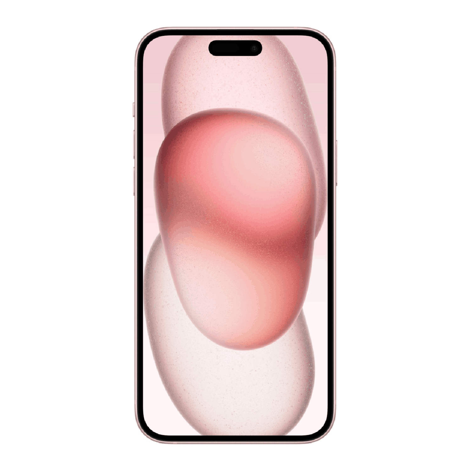 Un teléfono inteligente rosa dorado muestra formas abstractas rosas en su pantalla, sobre un fondo blanco. Tiene un borde negro.