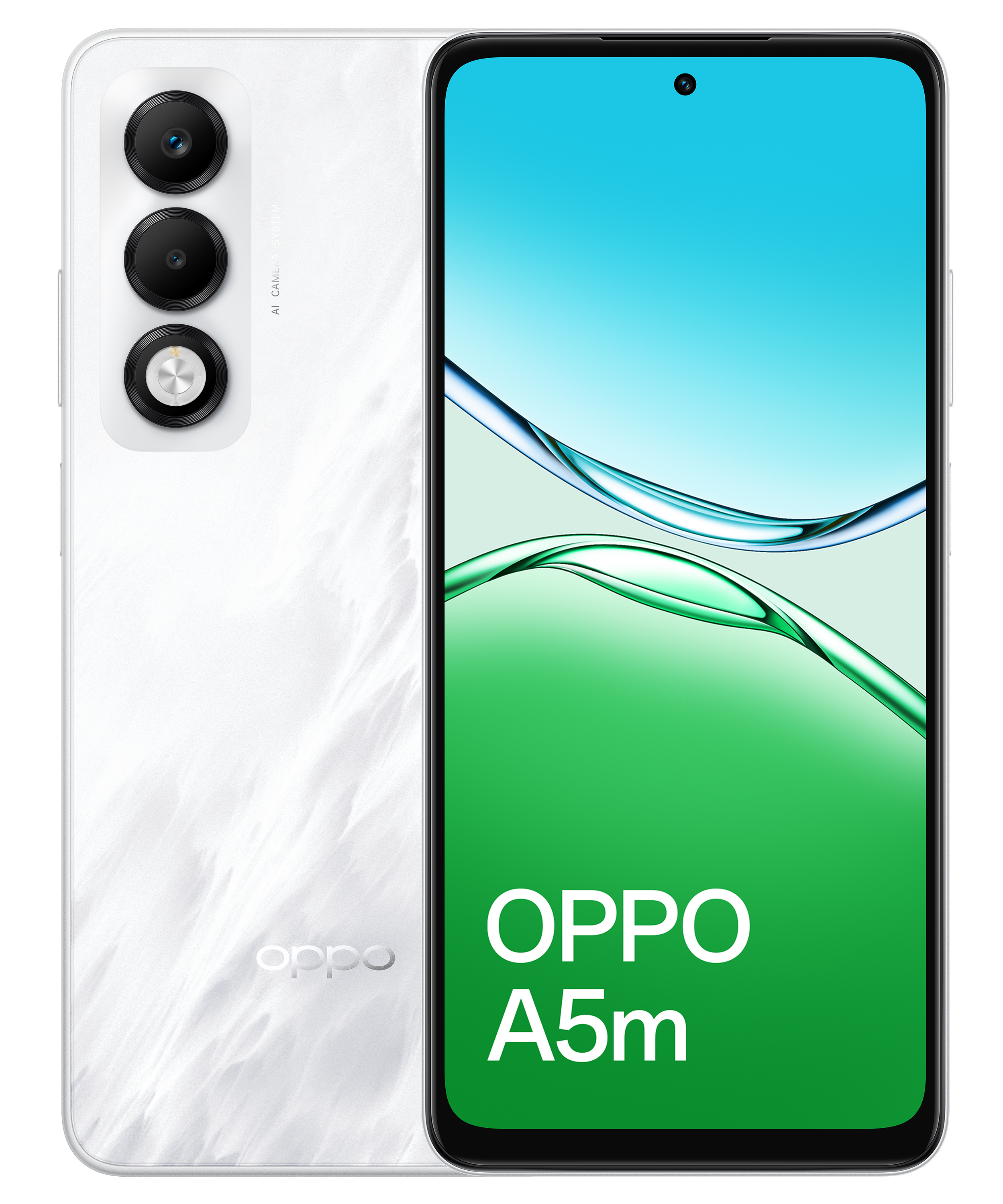 Biały telefon Oppo A5m. Ma trzy aparaty, ekran z niebiesko-zielonym gradientem i marką Oppo.