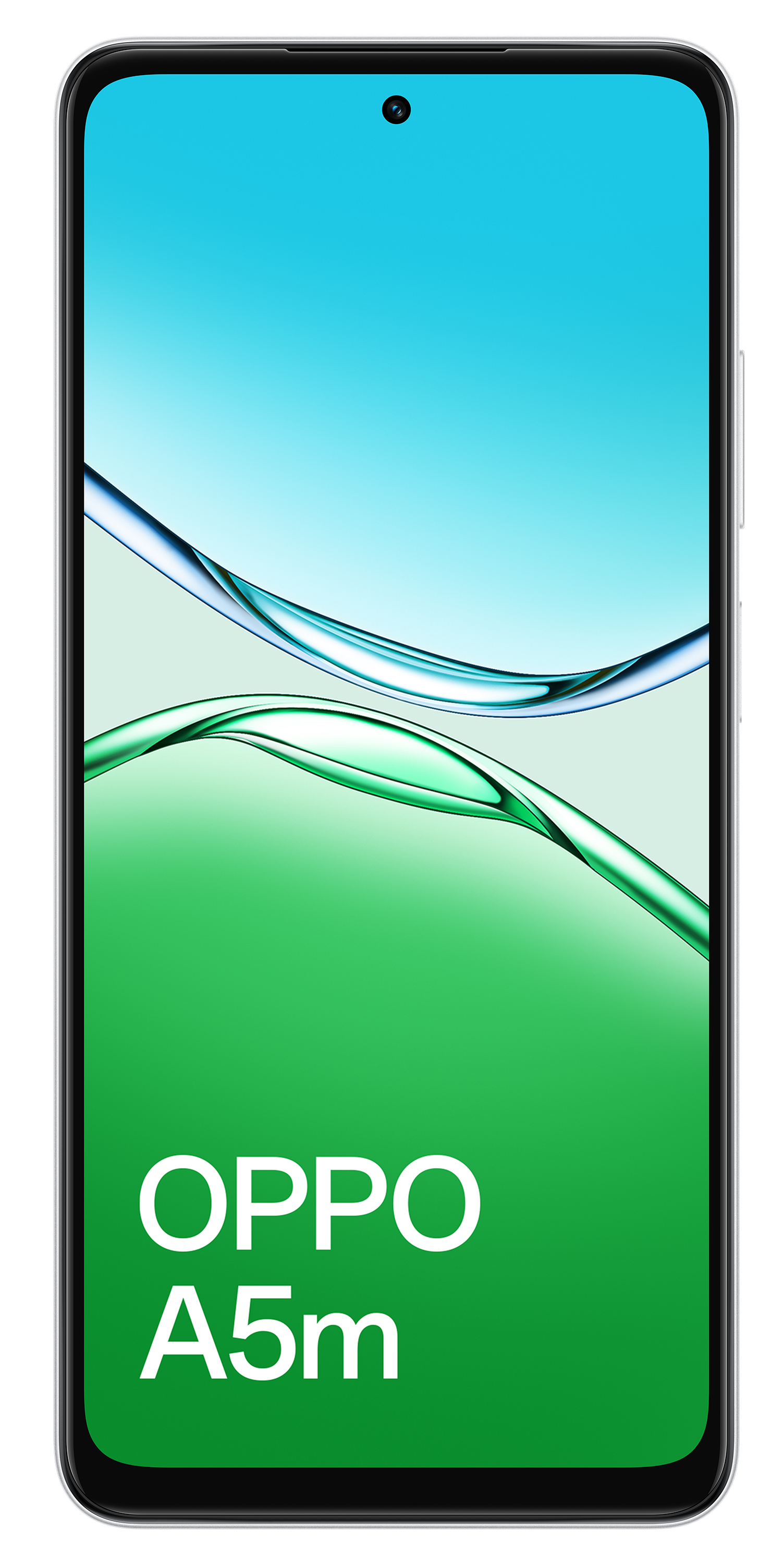 Smartfon z gradientowym niebiesko-zielonym wyświetlaczem. Pokazuje logo OPPO A5m. Czarna ramka i aparat.