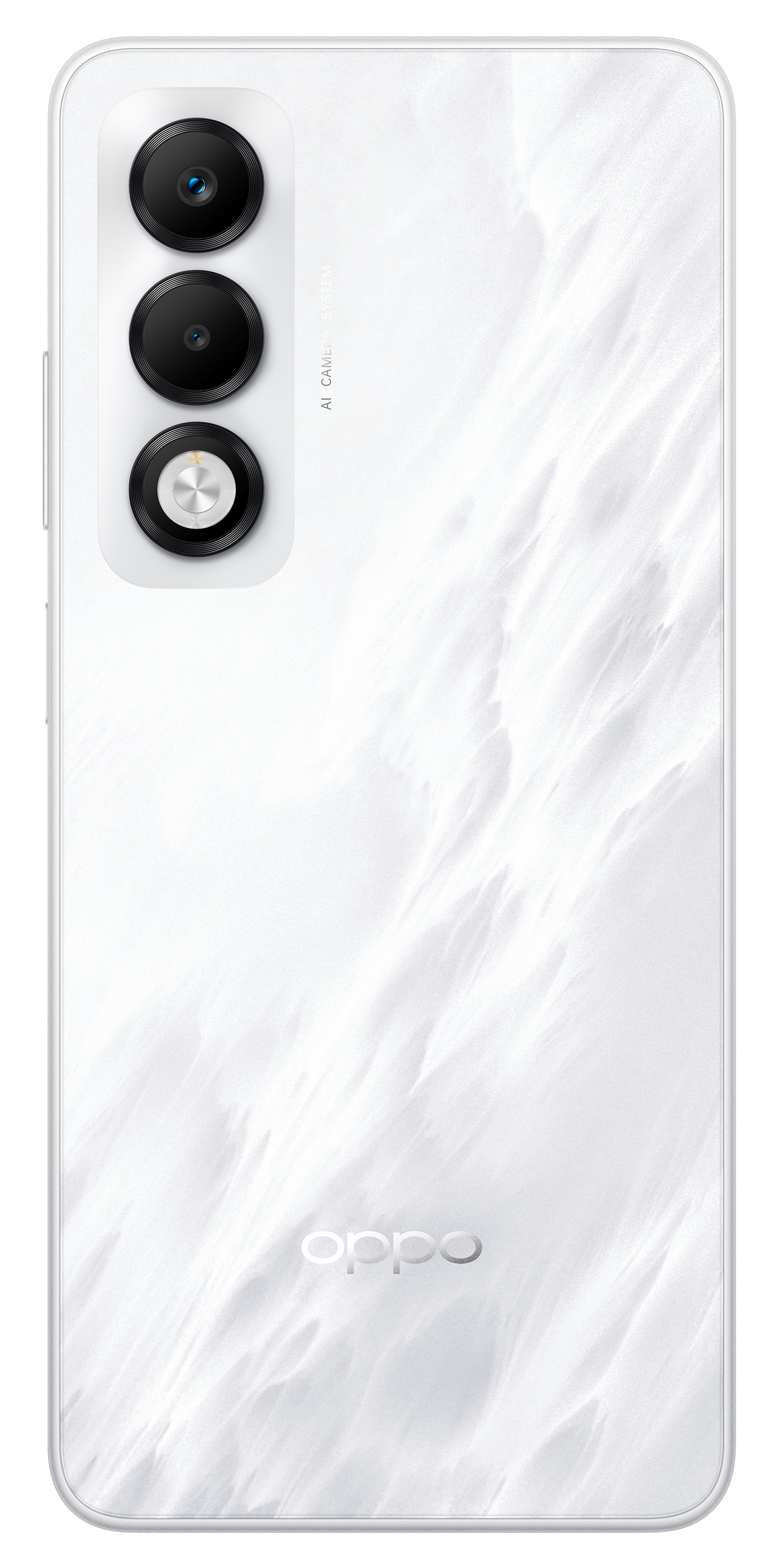 Biały tył telefonu Oppo z trzema aparatami i logo Oppo. Tył ma chmurkową teksturę.