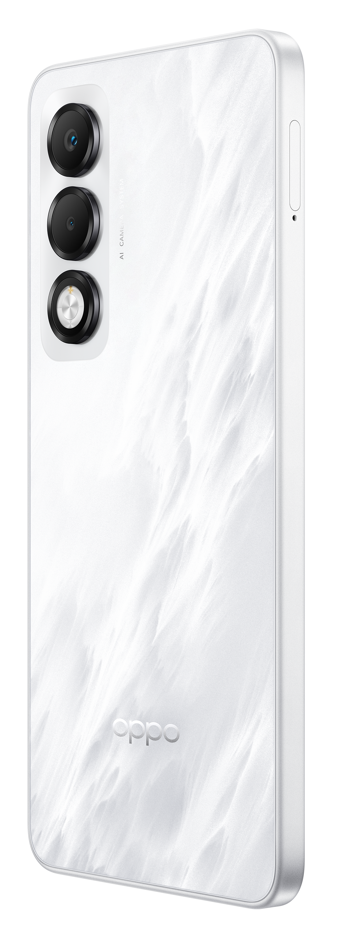 Tył białego telefonu OPPO. Ma trzy obiektywy aparatu i logo OPPO. Powierzchnia ma falisty wzór.