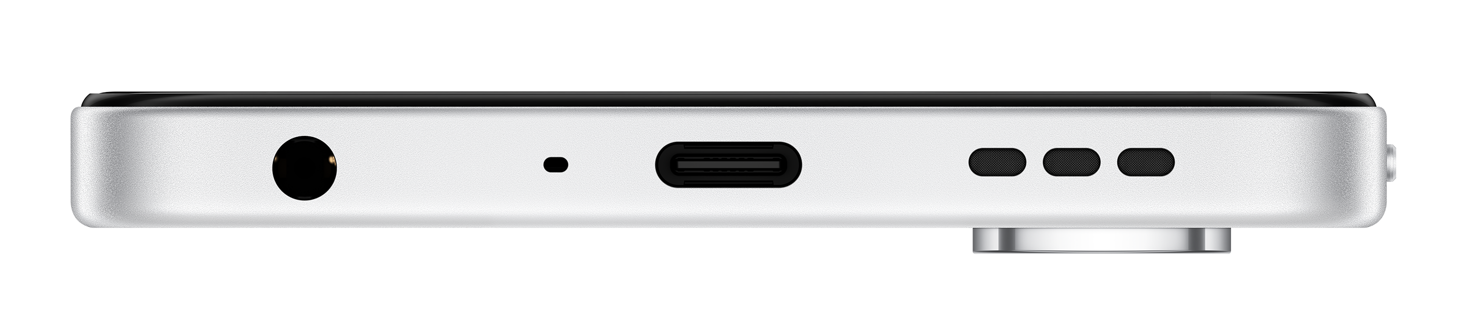 Widok z boku urządzenia. Ma srebrną obudowę, czarną górę i kilka portów i przycisków.