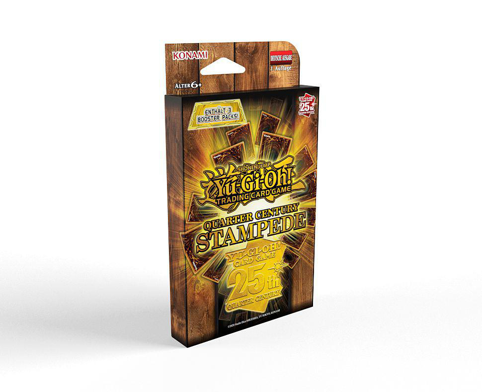 Eine Yu-Gi-Oh!-Kartenspielbox. Es ist eine Quarter Century Stampede-Edition mit dem Logo zum 25-jährigen Jubiläum. Die Box hat das Konami-Logo.