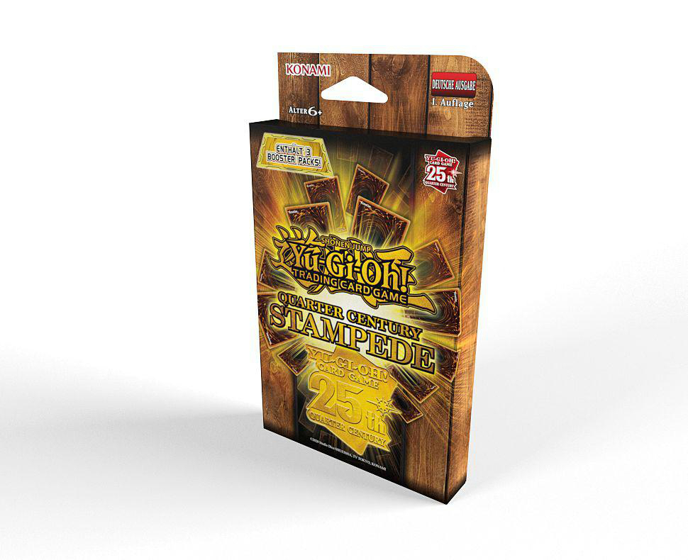 Eine Yu-Gi-Oh!-Kartenspielbox. Es ist die Quarter Century Stampede-Edition mit einem Logo zum 25-jährigen Jubiläum und deutschem Text.