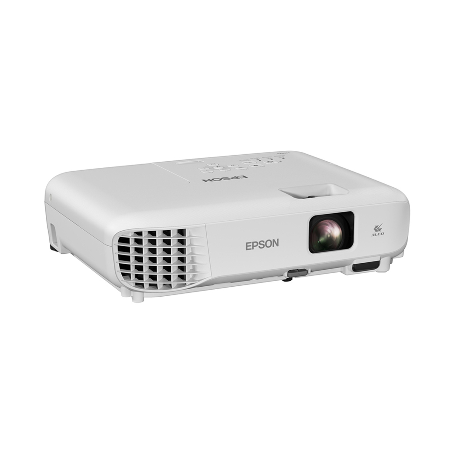 Un proiettore Epson bianco su sfondo bianco. Il proiettore ha una lente, prese d'aria e pulsanti. Il logo Epson è visibile.