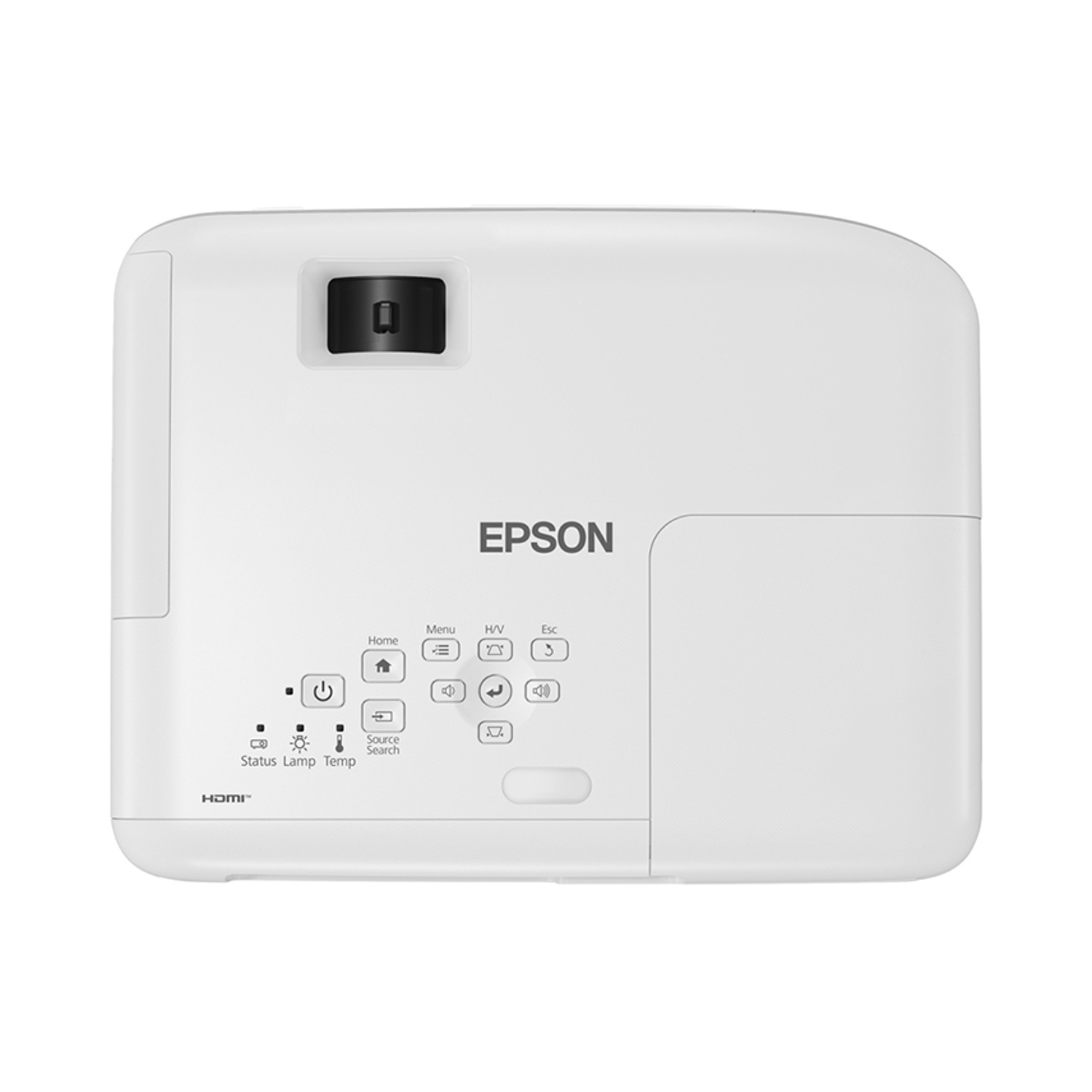 Proiettore Epson bianco. Ha il marchio, il pulsante di accensione e altri pulsanti funzione. L'obiettivo è in alto a sinistra.