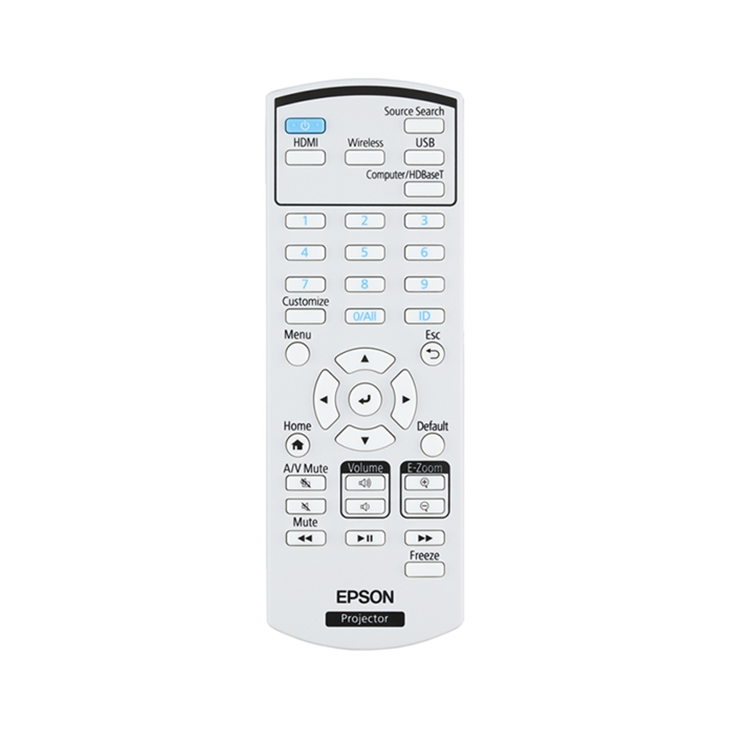Telecomando bianco per proiettore Epson con molti pulsanti. Include HDMI, wireless, volume e opzioni Freeze.