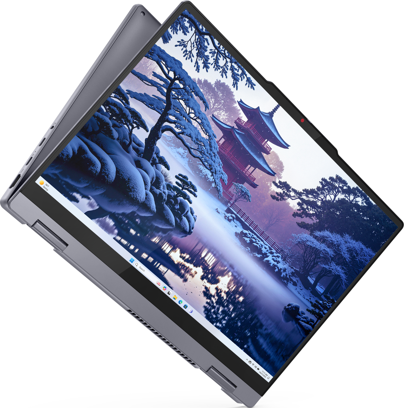 Laptop, der eine verschneite japanische Gartenszene mit Pagoden, Bäumen und einem reflektierenden See zeigt. Der Laptop ist teilweise geöffnet.