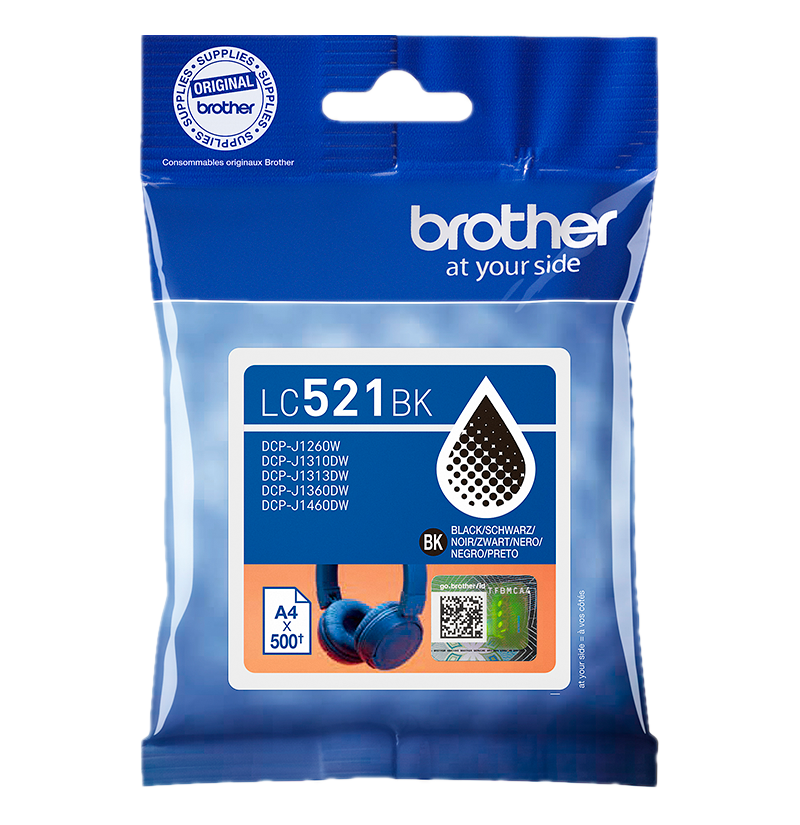 Un pacchetto di cartucce d'inchiostro Brother LC521BK. Ha uno sfondo blu con il logo Brother e informazioni sul prodotto.