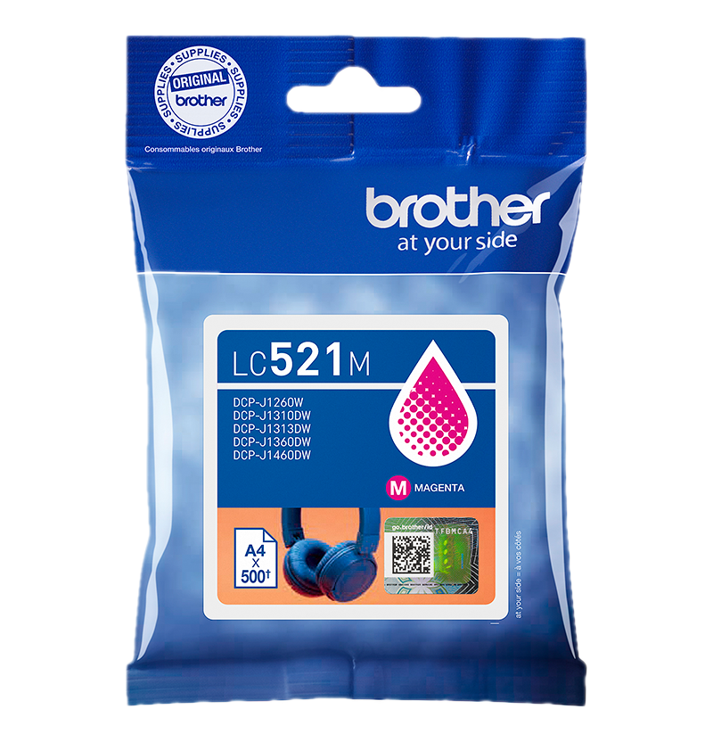 Una cartuccia di inchiostro magenta Brother LC521M in una confezione di plastica blu. Contiene un simbolo a goccia di inchiostro magenta e informazioni sul prodotto.