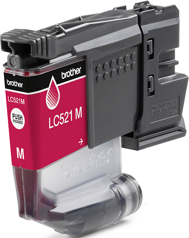 Una cartuccia d'inchiostro magenta Brother LC521M. Ha un'etichetta nera e magenta con il logo Brother e informazioni sul prodotto.