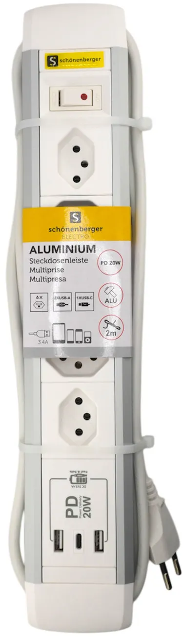 Eine Aluminium-Steckdosenleiste mit Steckdosen und USB-Anschlüssen. Sie hat einen Schalter und ein Etikett.