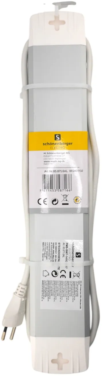 Ein elektrisches Gerät mit Stecker und Kabel, beschriftet mit Text und Logos, in Weiß und Grau gehalten.