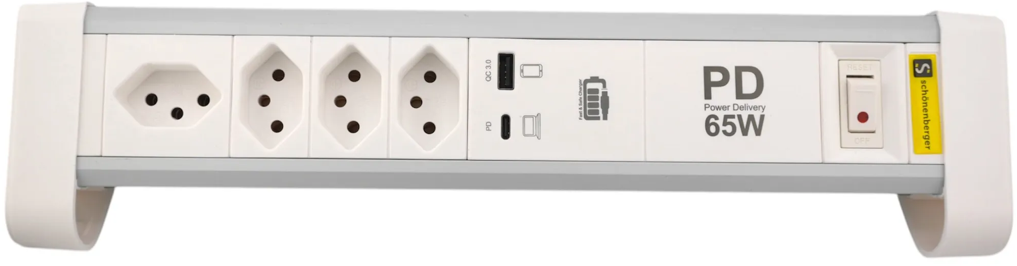 Eine weiße Steckdosenleiste mit mehreren Steckdosen, USB-Anschlüssen und einem Schalter. Es hat ein Power-Delivery-Label und das Markenlogo.