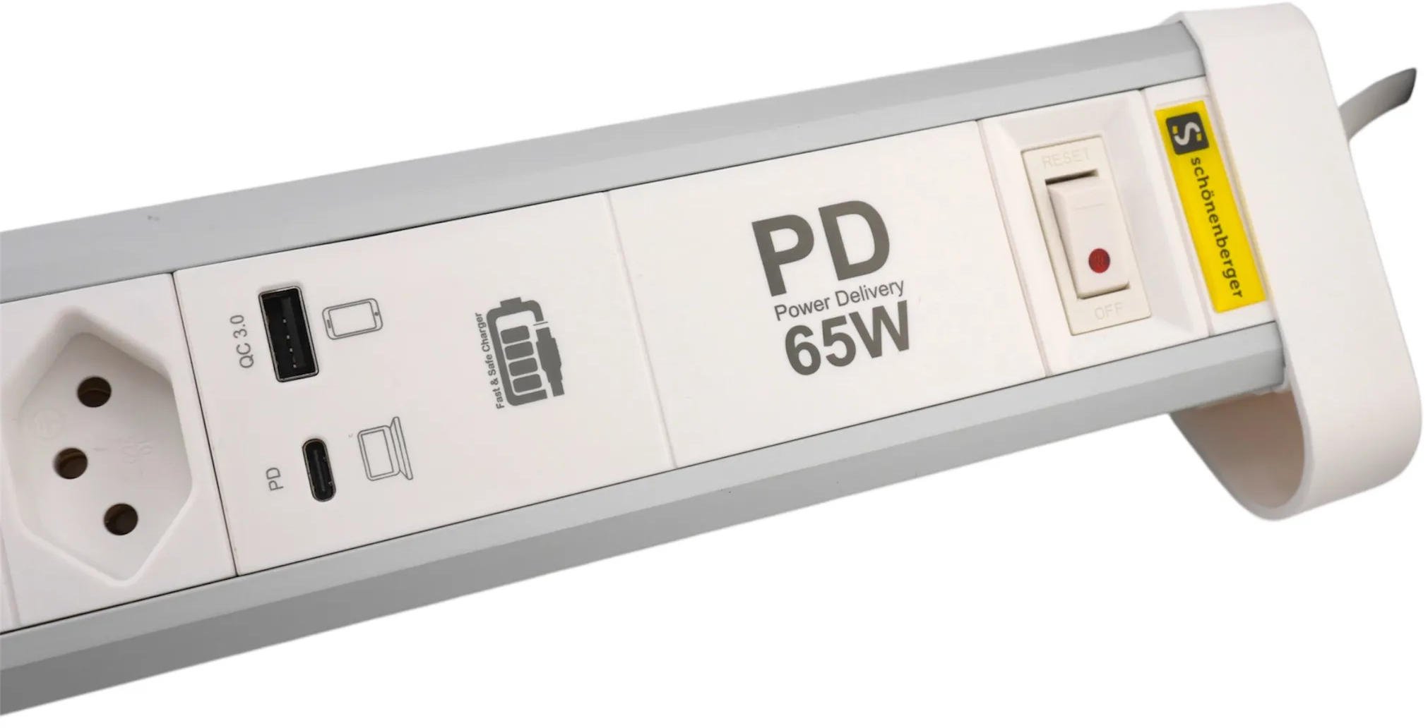Steckdosenleiste mit Steckdosen, USB-Anschlüssen und Schalter. Mit 'PD 65W', 'QC 3.0' und 'Fast & Safe Charger'. 'Schönberger'-Logo.
