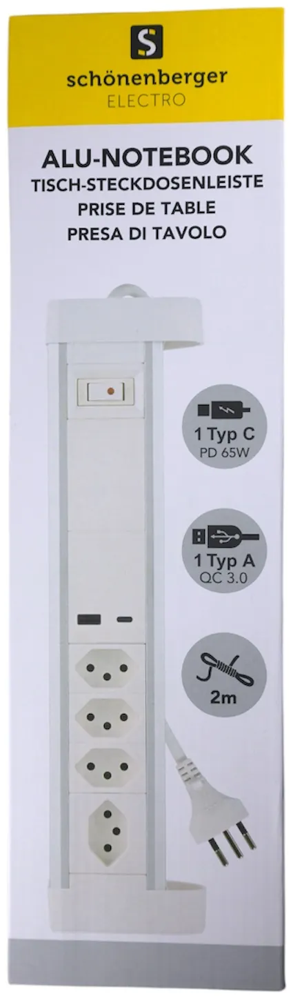 Weißes Verlängerungskabel mit mehreren Steckdosen, USB-Anschlüssen und Schalter. Text in Deutsch, Französisch und Italienisch.