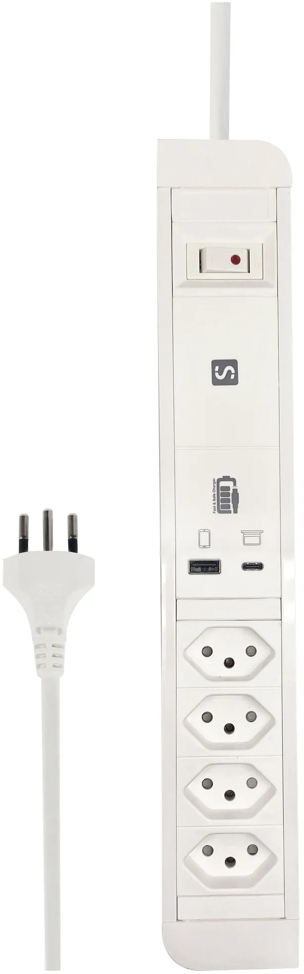 Eine weiße Steckdosenleiste mit Stecker links. Sie hat mehrere Steckdosen, einen Schalter und USB-Anschlüsse.