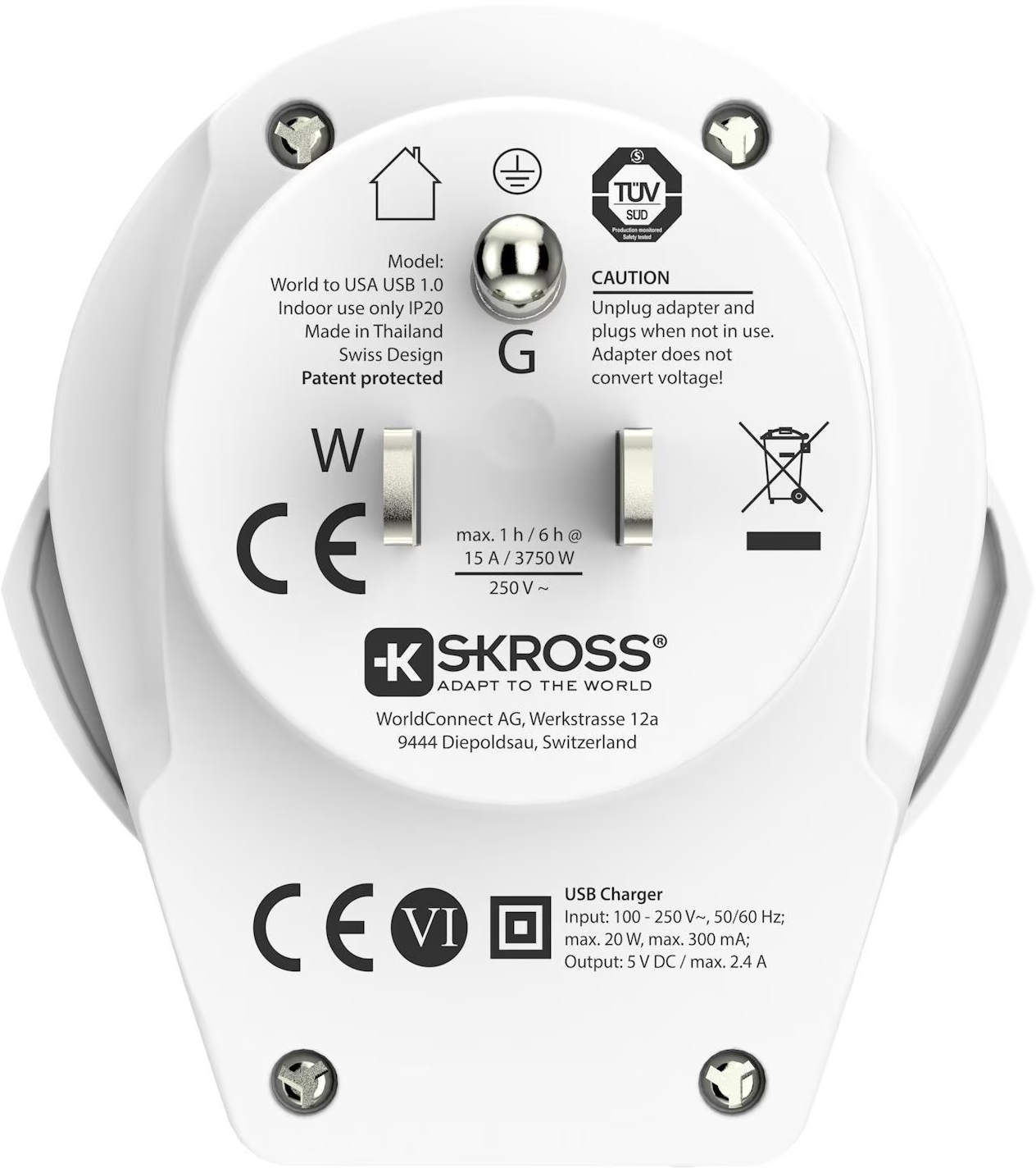 Adattatore da viaggio bianco con fessure per spina, logo del marchio e informazioni di sicurezza. Ha marchio CE e caricatore USB.