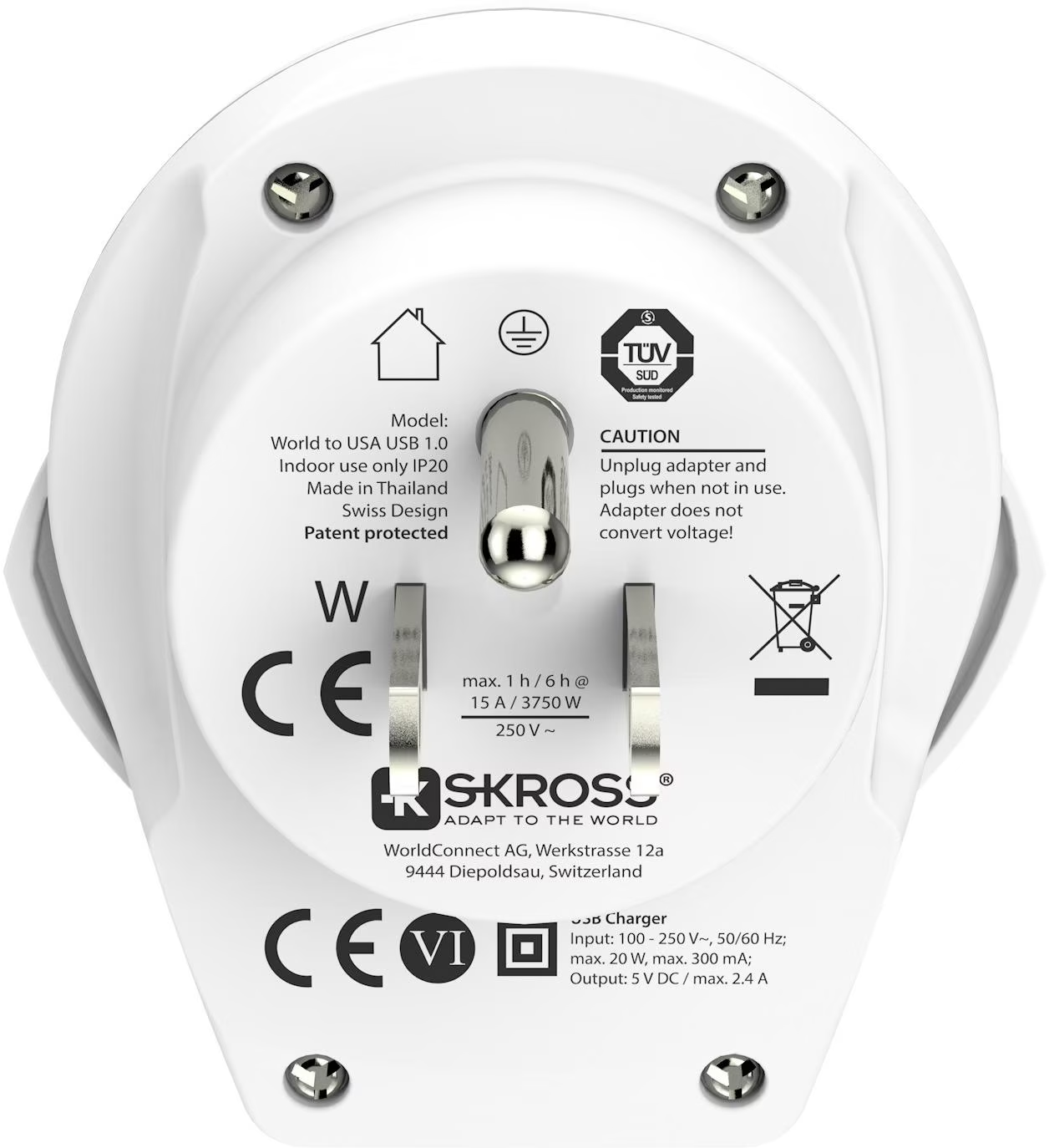 Adattatore SKROSS bianco con testo e simboli. Ha una spina, marchio CE e altri marchi. Dice World to USA USB 1.0.