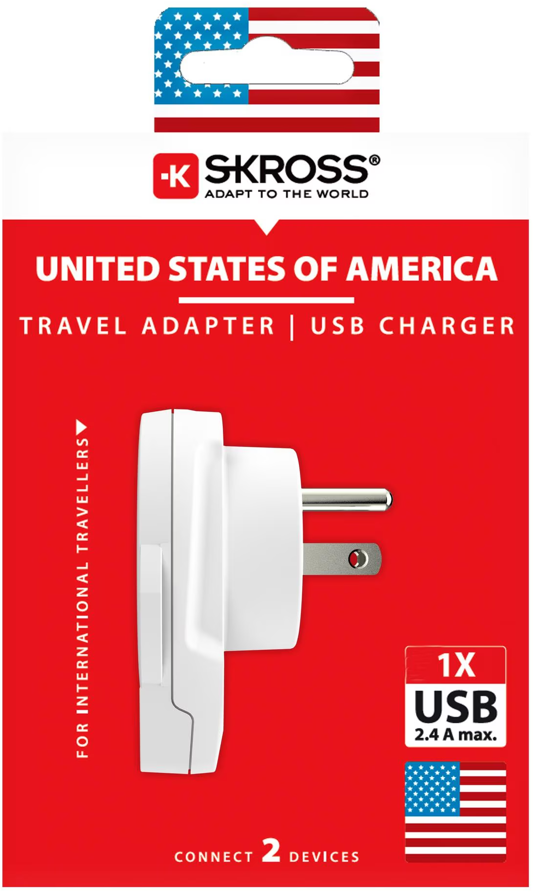 Adattatore da viaggio bianco con caricatore USB, con bandiera USA e testo. Sfondo rosso con dettagli del prodotto.