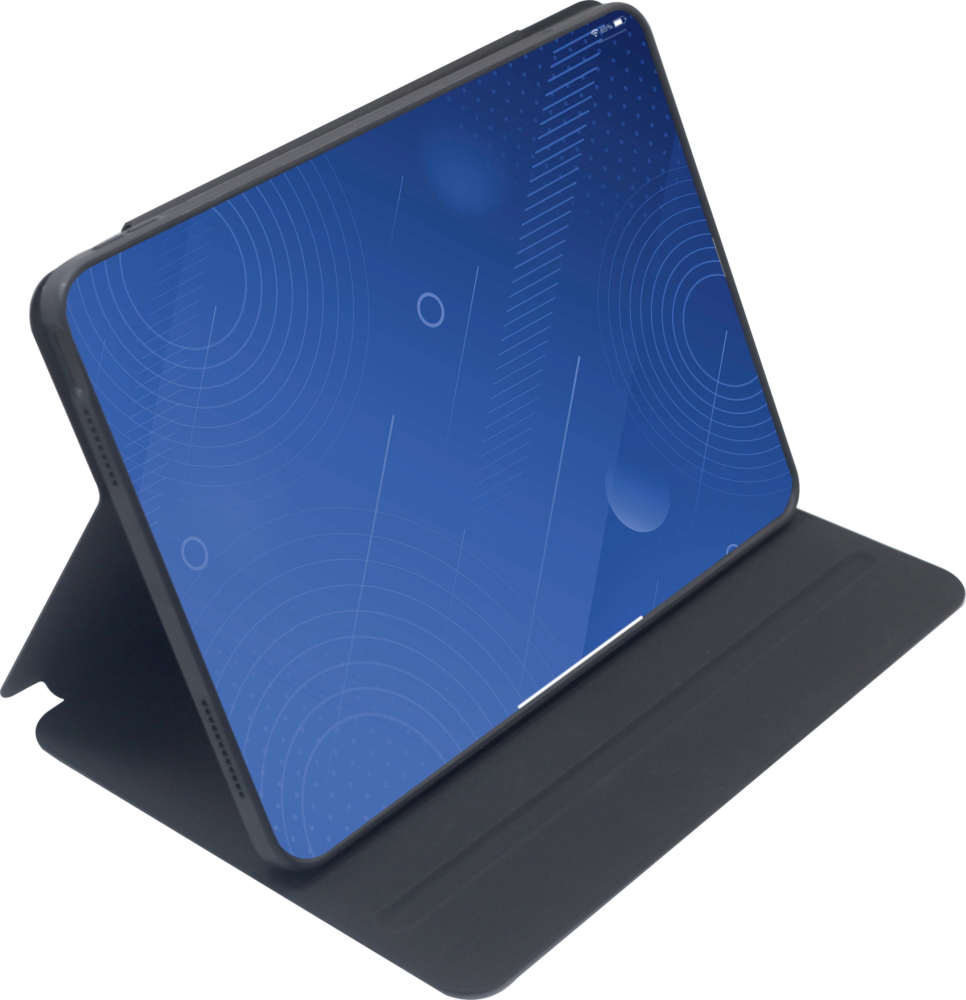 Tablet állványon, kék képernyővel, geometriai formákkal, fekete háttérrel. Az állvány sötétszürke.