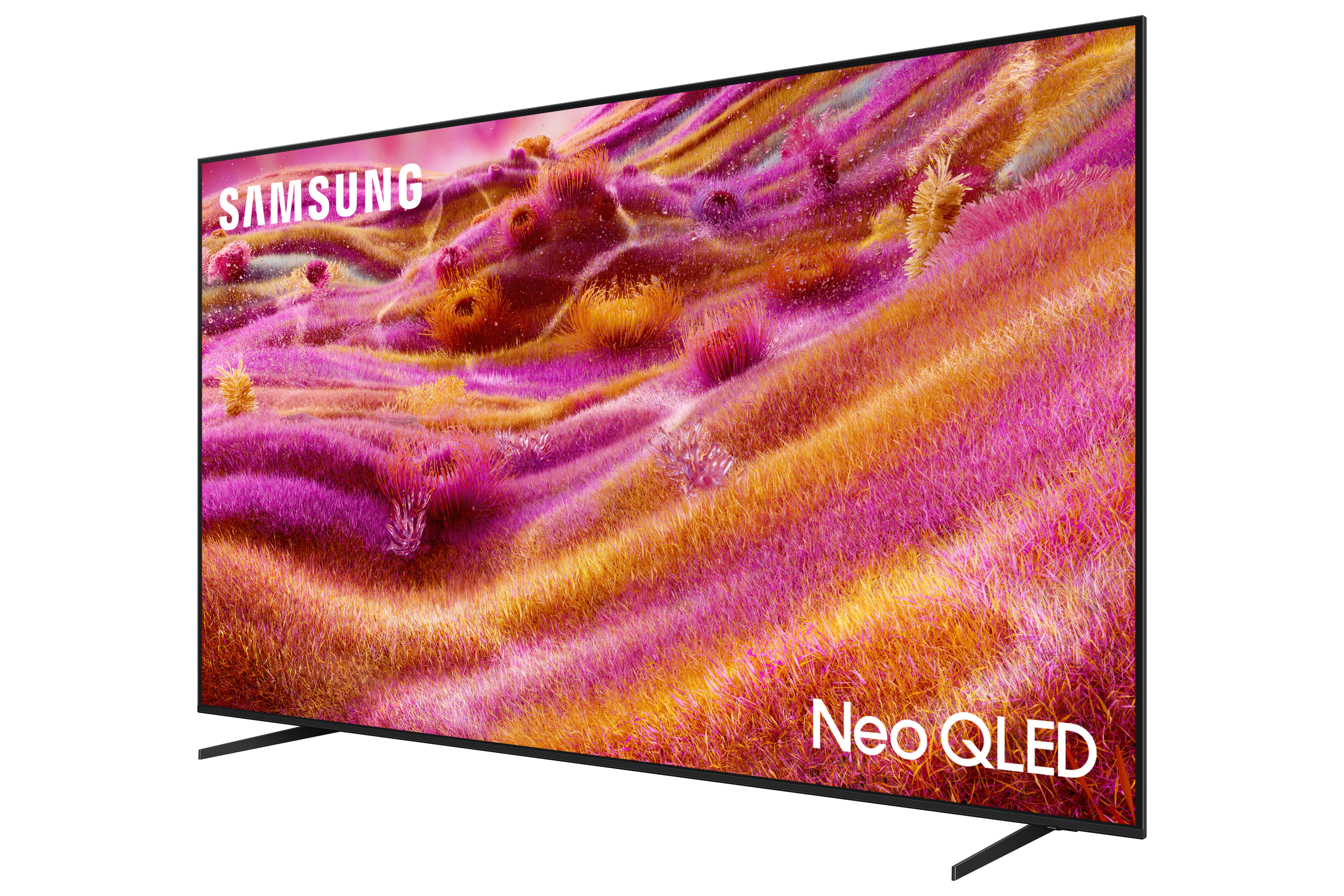 Samsung Neo QLED TV zeigt ein farbenfrohes abstraktes Bild von rosa und orangefarbenen Feldern, schwarzem Rahmen und schwarzem Ständer.