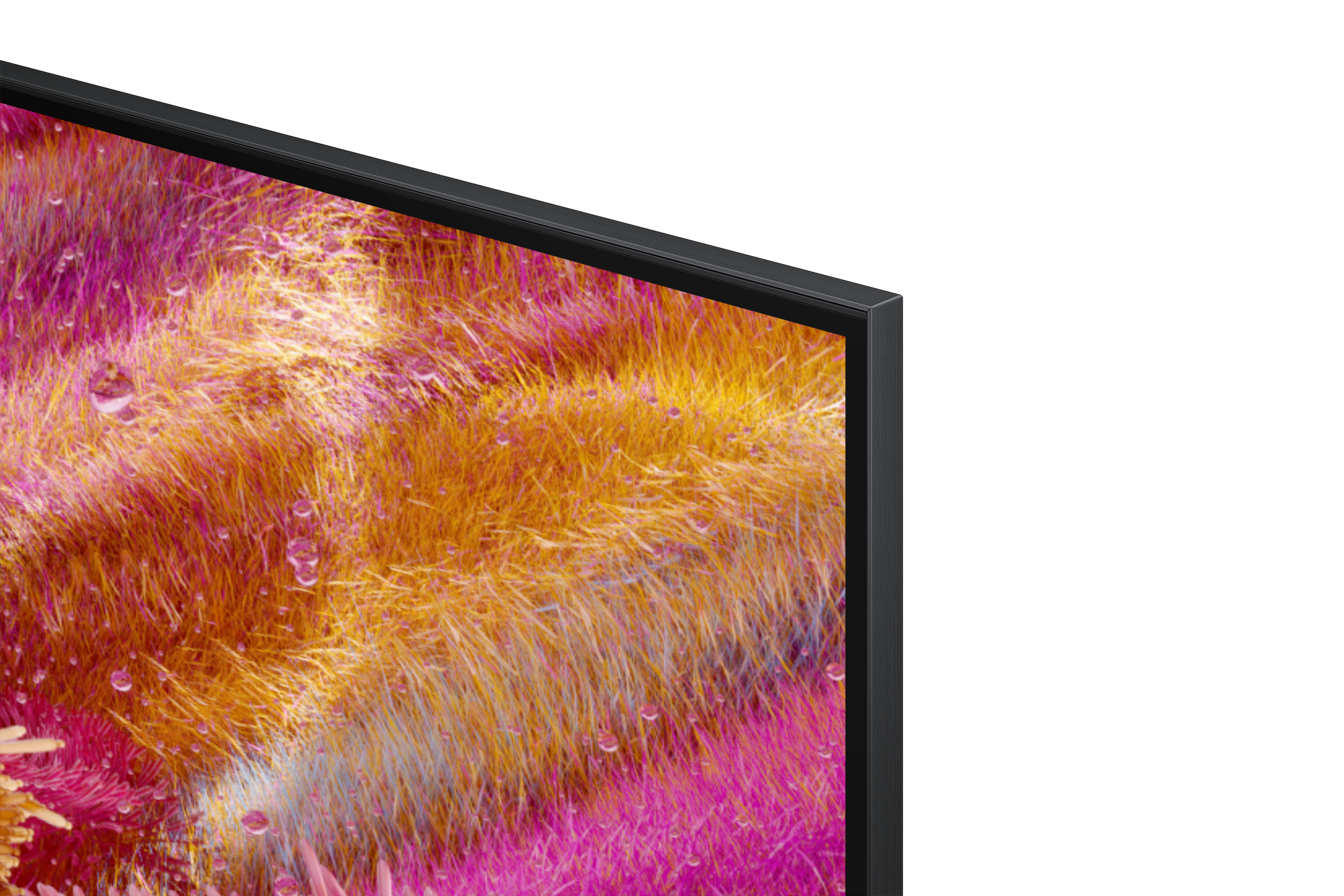 Nahaufnahme einer Fernsehecke mit farbenfroher Anzeige. Rosa und gelbes abstraktes Muster auf dem Bildschirm. Schwarzer Rahmen.