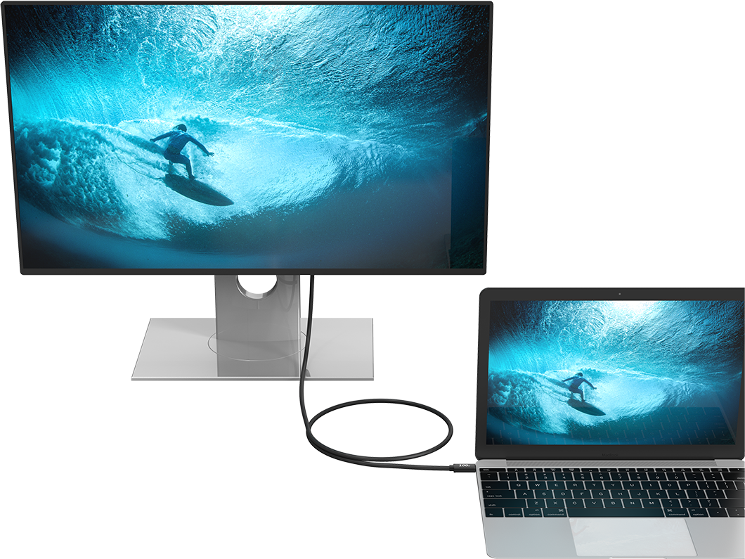 Egy monitor és egy laptop szörföst jelenít meg egy hullámon. Mindkettőt egy fekete kábel köti össze. A monitor egy fehér állványon van.