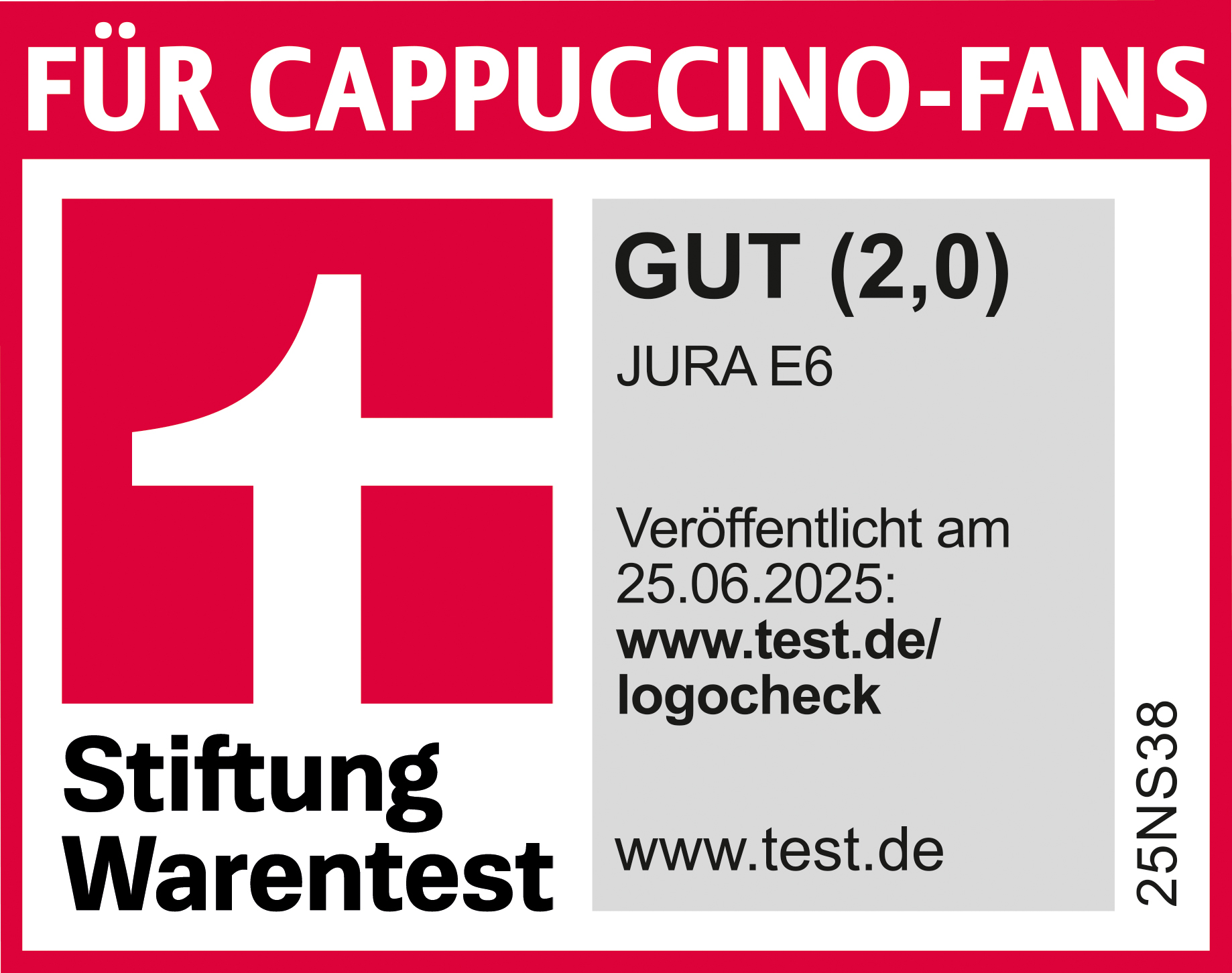 Das Bild hat einen roten Rahmen mit weißem Logo und den Worten 'FÜR CAPPUCCINO-FANS'. Es enthält eine Bewertung 'GUT (2,0)'.