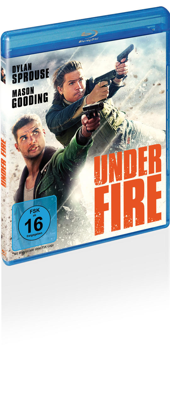 Blu-ray-Cover des Films "Under Fire". Die Schauspieler Dylan Sprouse und Mason Gooding halten Waffen. Der Titel steht in großen orangen Buchstaben.