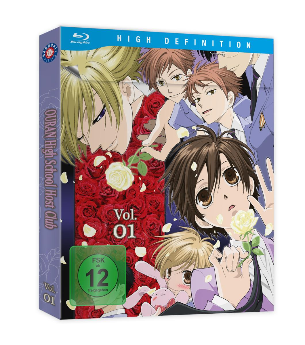 Anime-DVD-Cover. Mehrere Anime-Charaktere mit unterschiedlichen Haarfarben sind mit Rosen abgebildet. Der Titel lautet 'Ouran High School Host Club'.