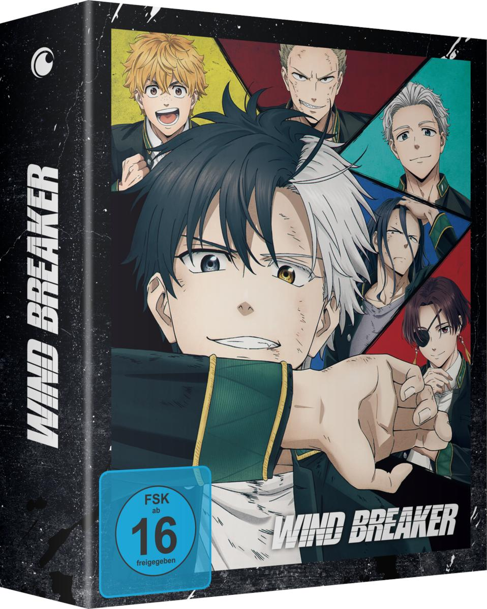 Anime-Box-Art für Wind Breaker. Enthält mehrere Charakterporträts. Blauer Altersfreigabeaufkleber unten links. Schwarzer Hintergrund.