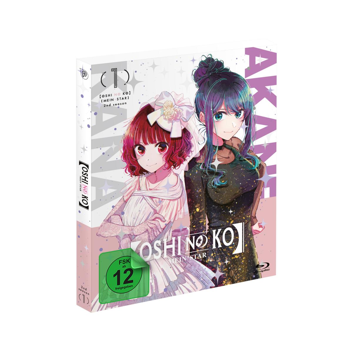 Anime-DVD-Cover mit zwei weiblichen Charakteren. Eine mit roten Haaren, die andere mit blauen Haaren. Text enthält "OSHINO KO" und "MEIN STAR".