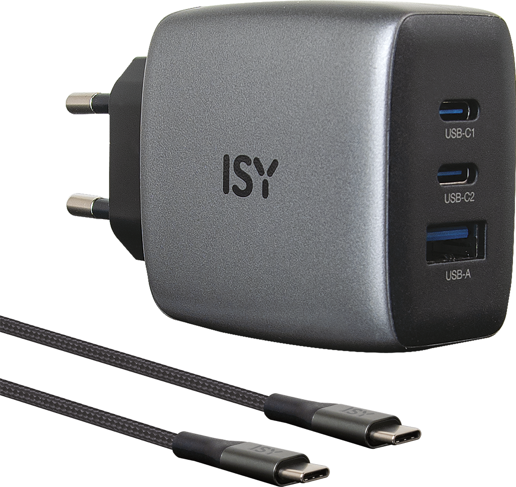 ISY GaN hálózati töltő adapter, max 65W, USB-A, 2x USB Type-C, + 2M USB-C-C kábel, szürke (IAC-5650-GY)