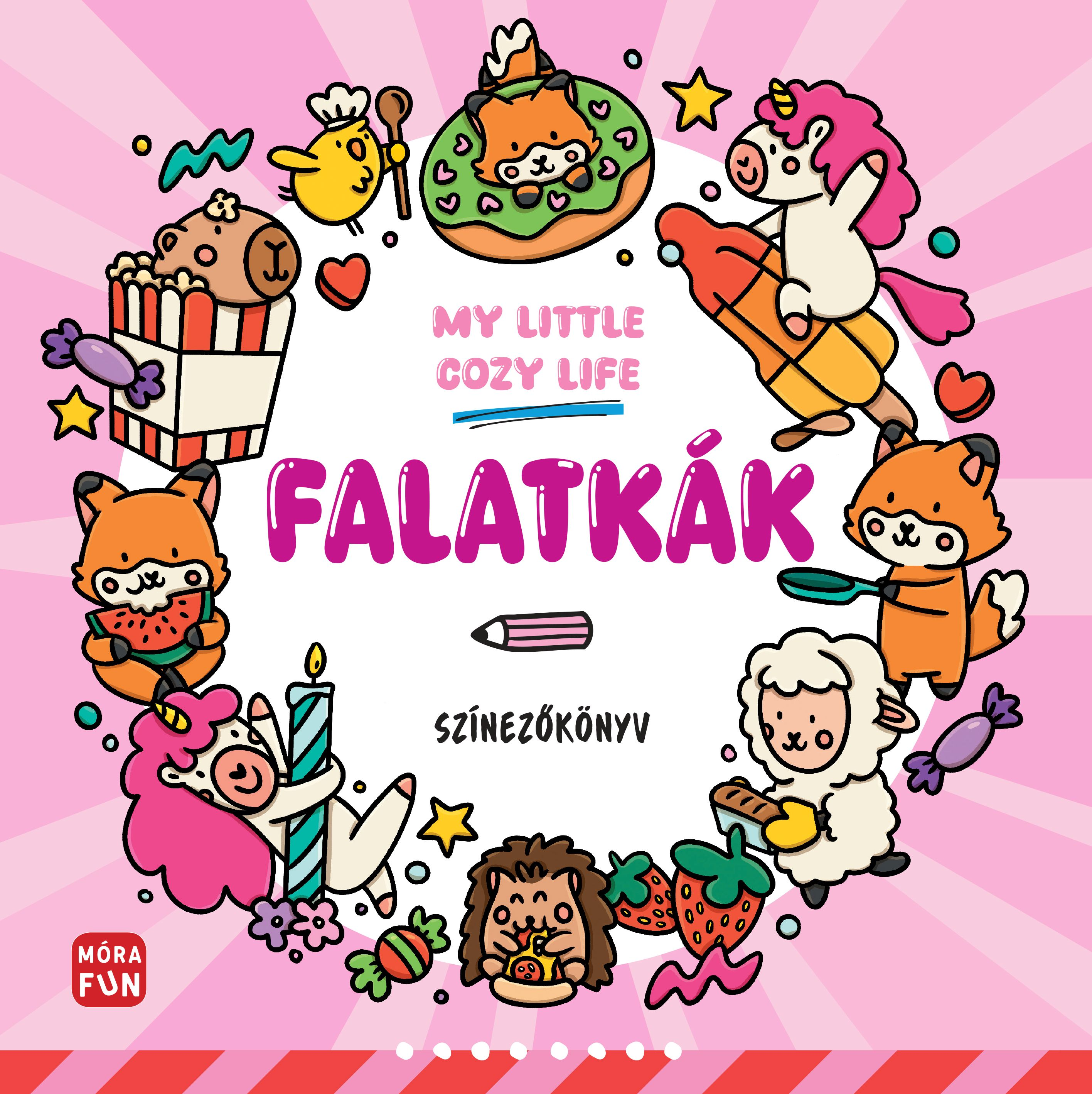Színes illusztráció rajzolt állatokkal és ételekkel. A szöveg a 'My Little Cozy Life' és a 'Falátkák'.