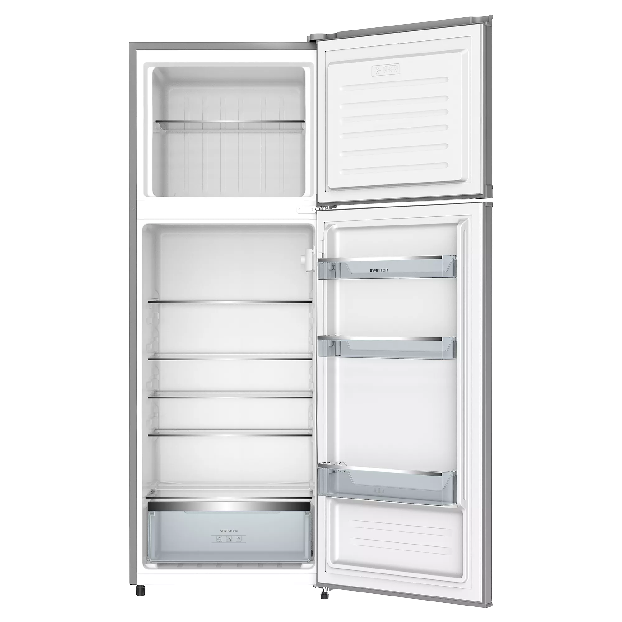 Refrigerador blanco abierto. Puerta del congelador abierta. Estantes y cajones visibles. Fondo negro.