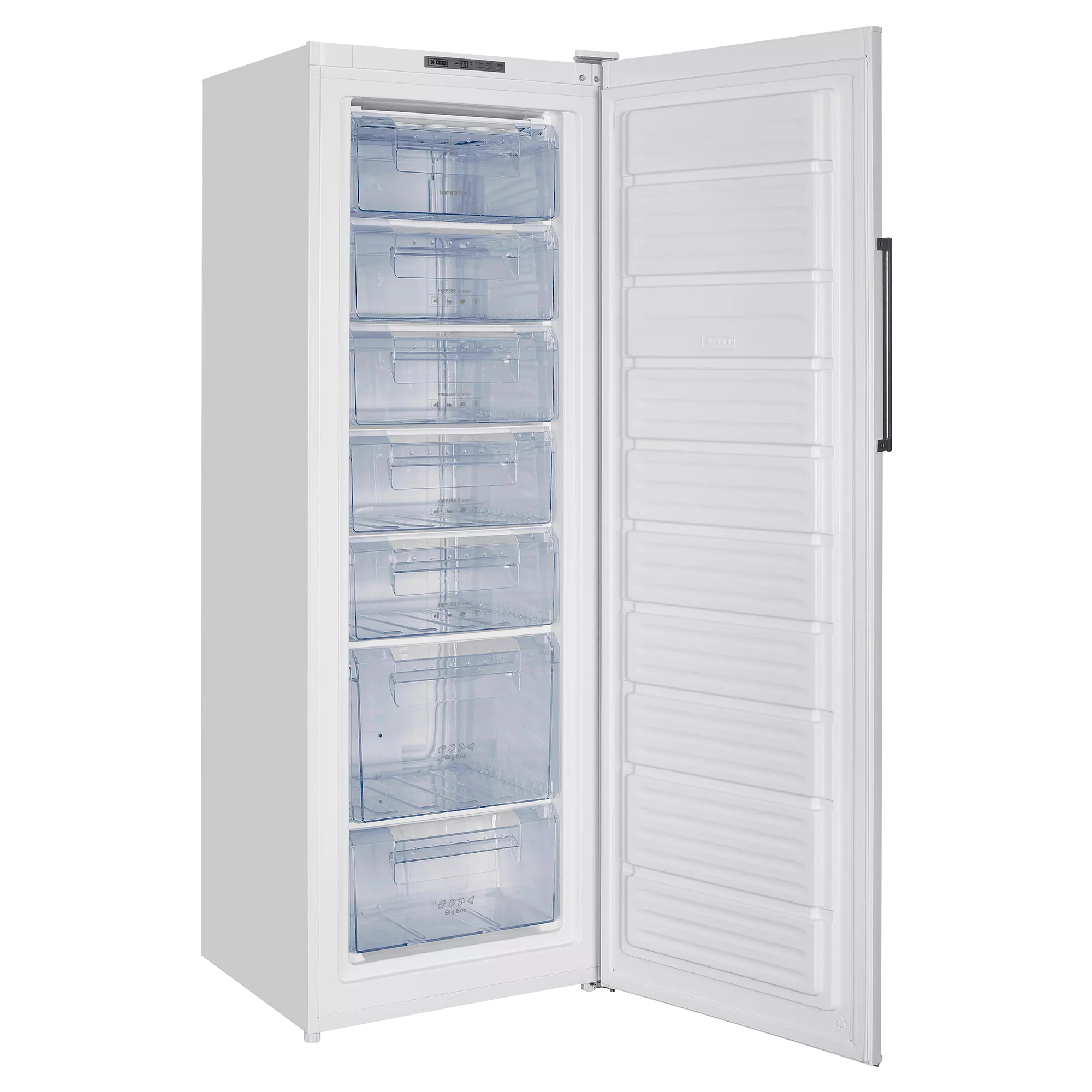 Congelador blanco con puerta abierta, mostrando cajones transparentes. La puerta tiene un tirador negro.