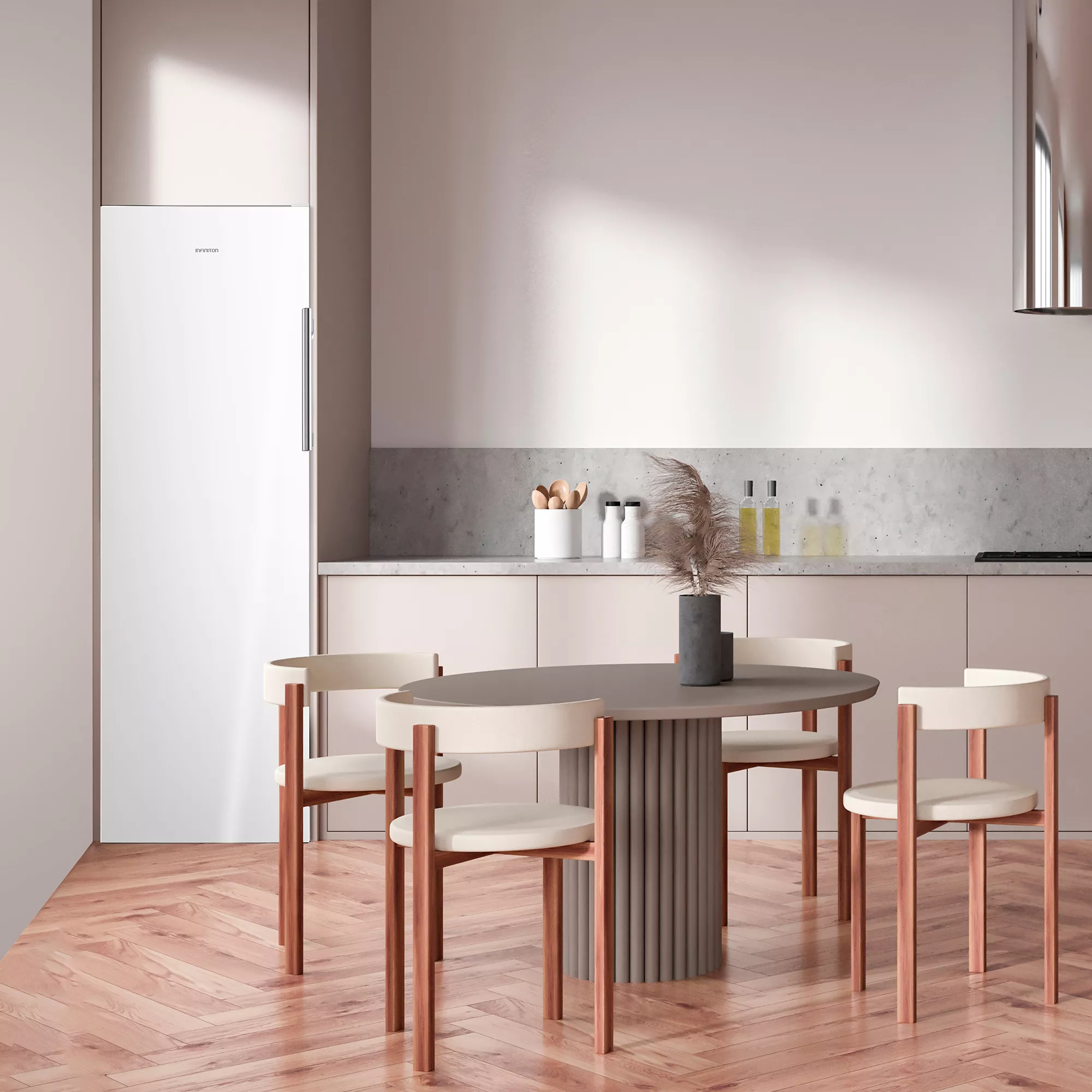Una cocina con refrigerador blanco, mesa redonda con sillas, piso de madera y encimera con decoración.