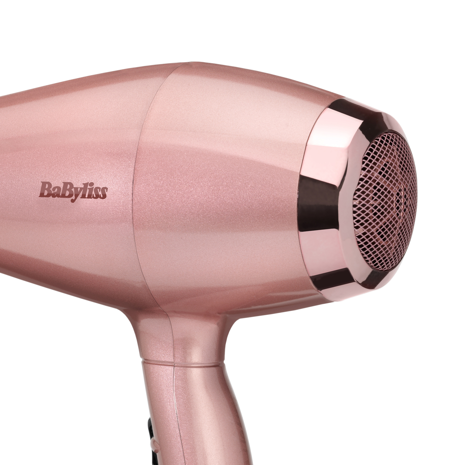 Een roségouden Babyliss haardroger. De spuitmond heeft een gaasafdekking. De handgreep zit aan de onderkant. De achtergrond is wit.