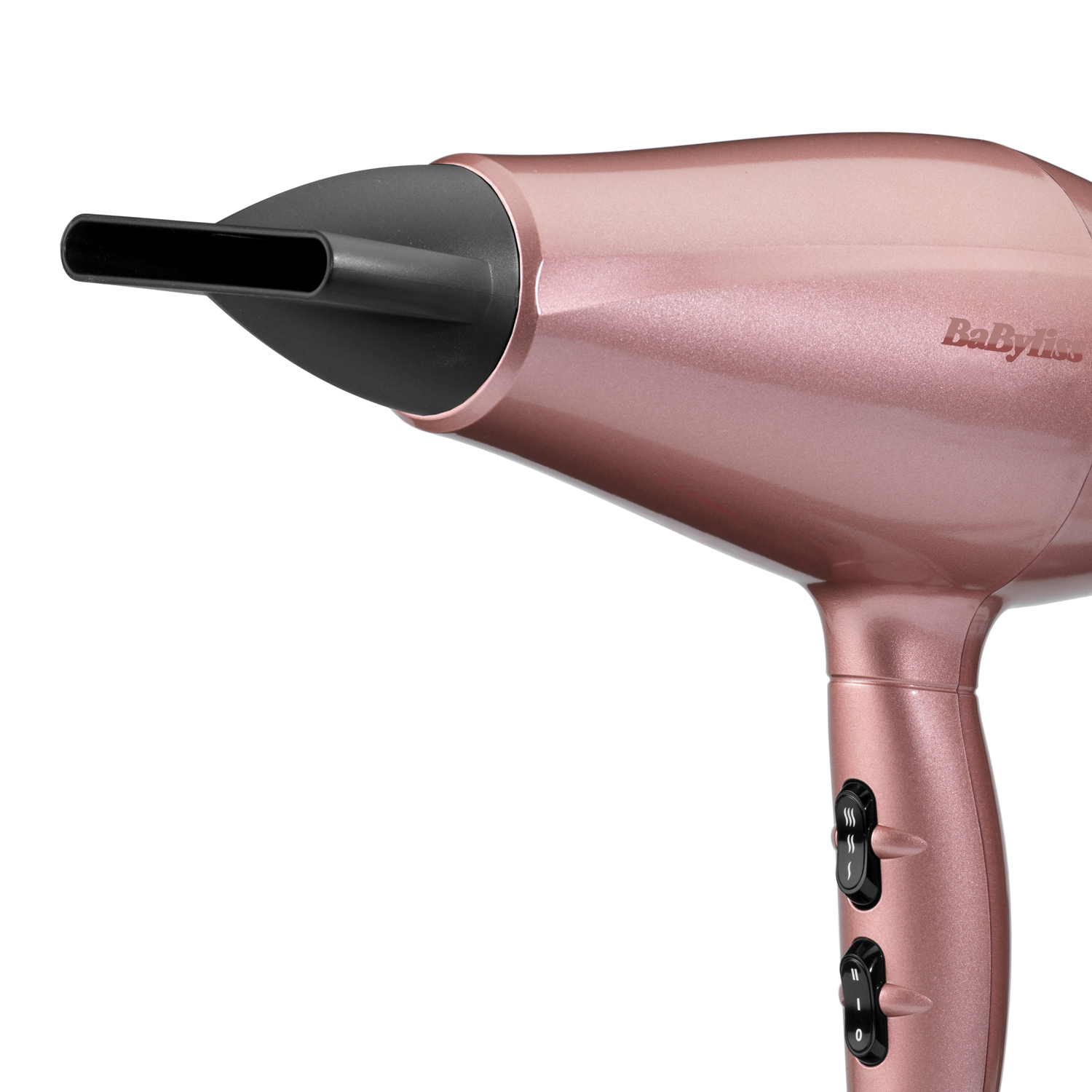 Een roségouden föhn met een zwarte mond, knoppen en de merknaam BabyLiss. De achtergrond is wit.