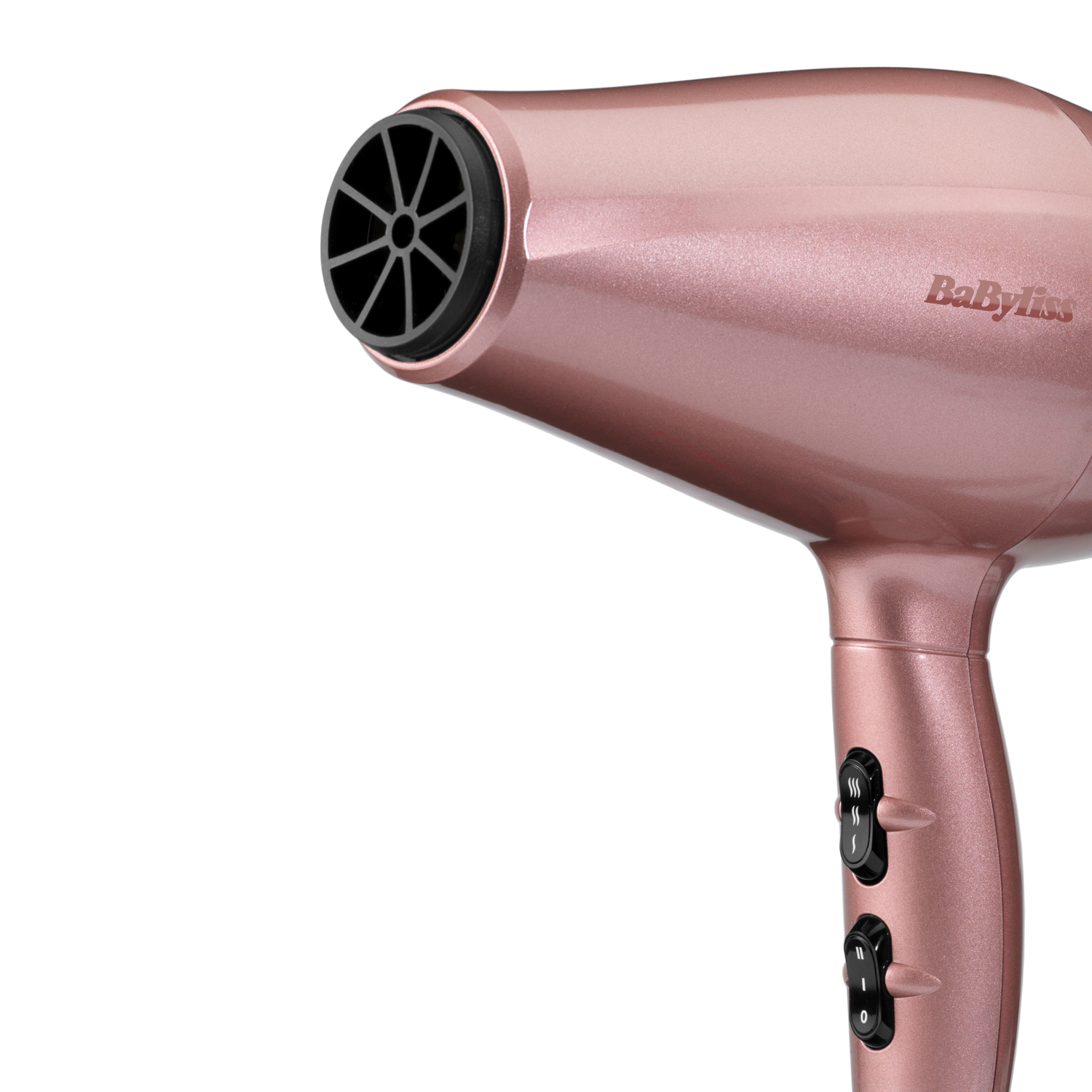 Een roségouden Babyliss-föhn is naar rechts gekanteld. De spuitmond is zwart. Twee zwarte knoppen zitten op de handgreep.