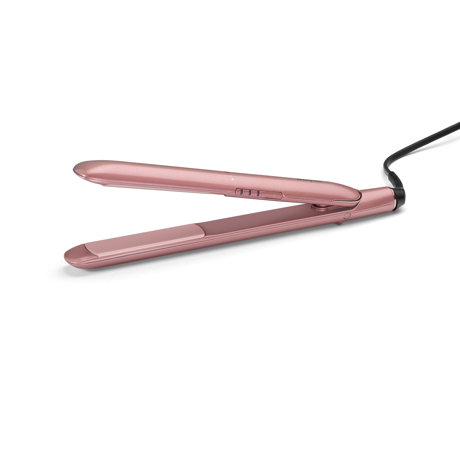 A rose-gold hair straightener, open, on a white background. A black cord extends from the straightener. The device is angled.