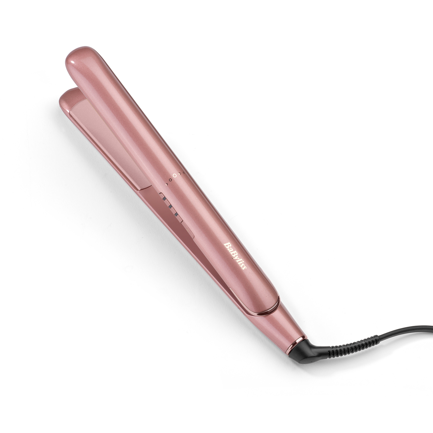 A rose gold BaByliss hair straightener on a white background. The straightener is angled, with a black power cord attached.