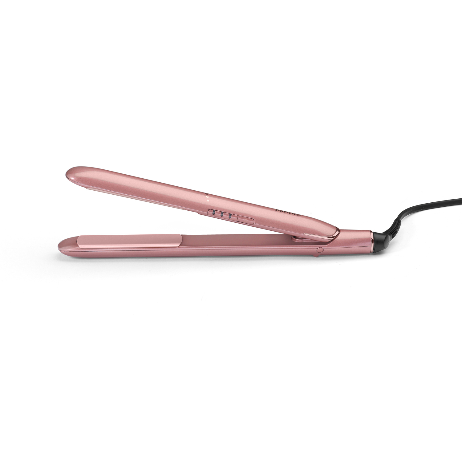 A rose gold hair straightener is open on a white background. It has a black cord. The straightener is a beauty appliance.