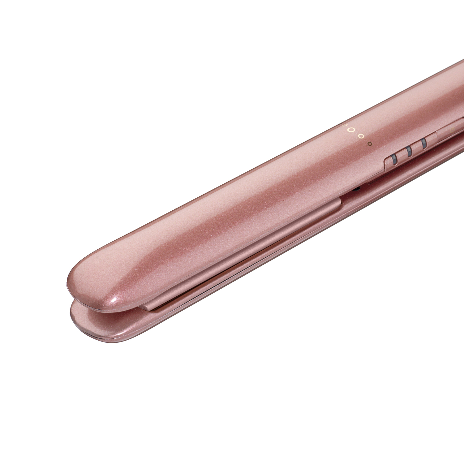 Close-up of a pink hair straightener on a white surface, showing its plates and controls.